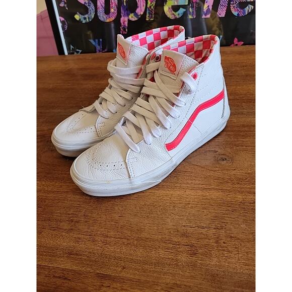 Vans Sk8-Hi Leather High Top White Pink Skateboard Sneaker Men Sz 7.5 Women Sz 9 - Picture 11 of 13